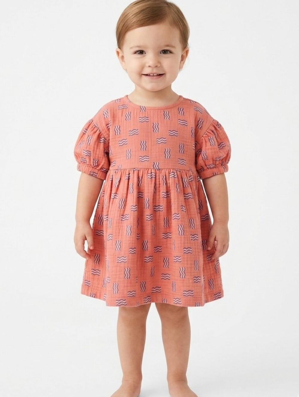 Open Edit 2T Organic Cotton Dress Puff Sleeve Boho Wavy Pink Minimalist